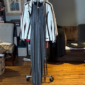 Alex Evenings Black and Silver full length gown with slit in back